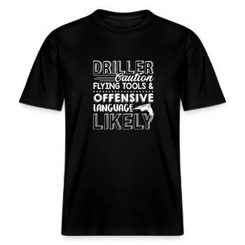 Driller Caution Flying Tools And Offensive -  RELAXED FIT Unisex Organic T-Shirt - black - Front - Alina (178cm) & Michal (187cm)