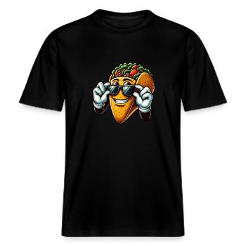 Taco mit Sonnenbrille Comic Film Fan -  RELAXED FIT Unisex Organic T-Shirt - Schwarz - Vorne - Alina (178cm) & Michal (187cm)
