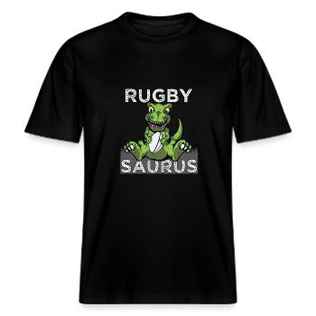 Rugby Dinosaurs Rugbysaurus Dino ventilateur de rugby -  T-shirt unisexe RELAXED FIT en coton bio - noir - Devant - Alina (178cm) & Michal (187cm)