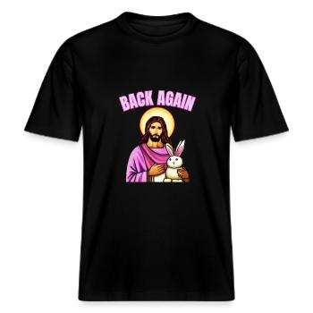 Osterhase mit Osterei und Jesus -  RELAXED FIT Unisex Organic T-Shirt - Schwarz - Vorne - Alina (178cm) & Michal (187cm)