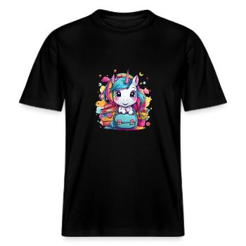 Unicorn Schoolchild School Enrollment Girl Gift -  RELAXED FIT Unisex Organic T-Shirt - black - Front - Alina (178cm) & Michal (187cm)