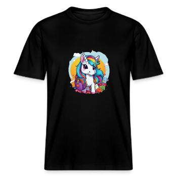 Unicorn Schoolchild School Enrollment Girl Gift -  RELAXED FIT Unisex Organic T-Shirt - black - Front - Alina (178cm) & Michal (187cm)