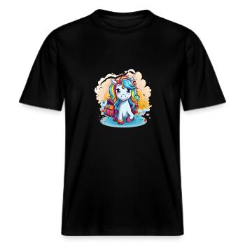 Unicorn Schoolchild School Enrollment Girl Gift -  RELAXED FIT Unisex Organic T-Shirt - black - Front - Alina (178cm) & Michal (187cm)