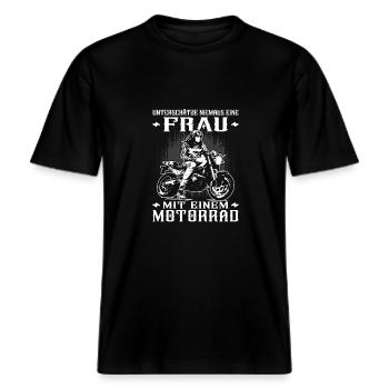 Motorradfahrerin - Bikerin / Bikerfrau -  RELAXED FIT Unisex Organic T-Shirt - Schwarz - Vorne - Alina (178cm) & Michal (187cm)