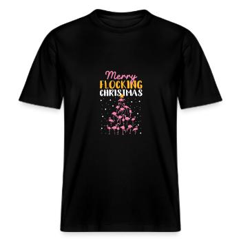Fröhliche Beflockung Weihnachten Rosa Flamingo -  RELAXED FIT Unisex Organic T-Shirt - Schwarz - Vorne - Alina (178cm) & Michal (187cm)
