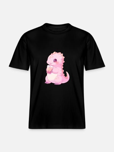 Kawaii Dinosaurus Drinkt Boba Bubble Tea Chibi -  Uniseks RELAXED FIT bio-T-shirt - zwart