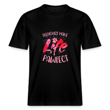 Frenchies Make Life Pawfect Owner French Bulldog -  RELAXED FIT Unisex Organic T-Shirt - Schwarz - Vorne - Alina (178cm) & Michal (187cm)