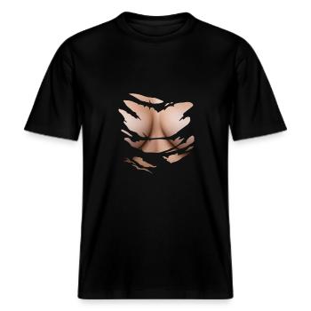 Frauen Brüste Aus Gerissen -  RELAXED FIT Unisex Organic T-Shirt - Schwarz - Vorne - Alina (178cm) & Michal (187cm)