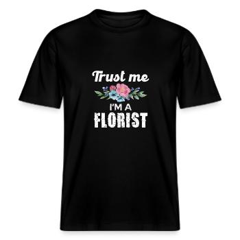 Croyez-moi, je suis fleuriste avec un motif floral -  T-shirt unisexe RELAXED FIT en coton bio - noir - Devant - Alina (178cm) & Michal (187cm)