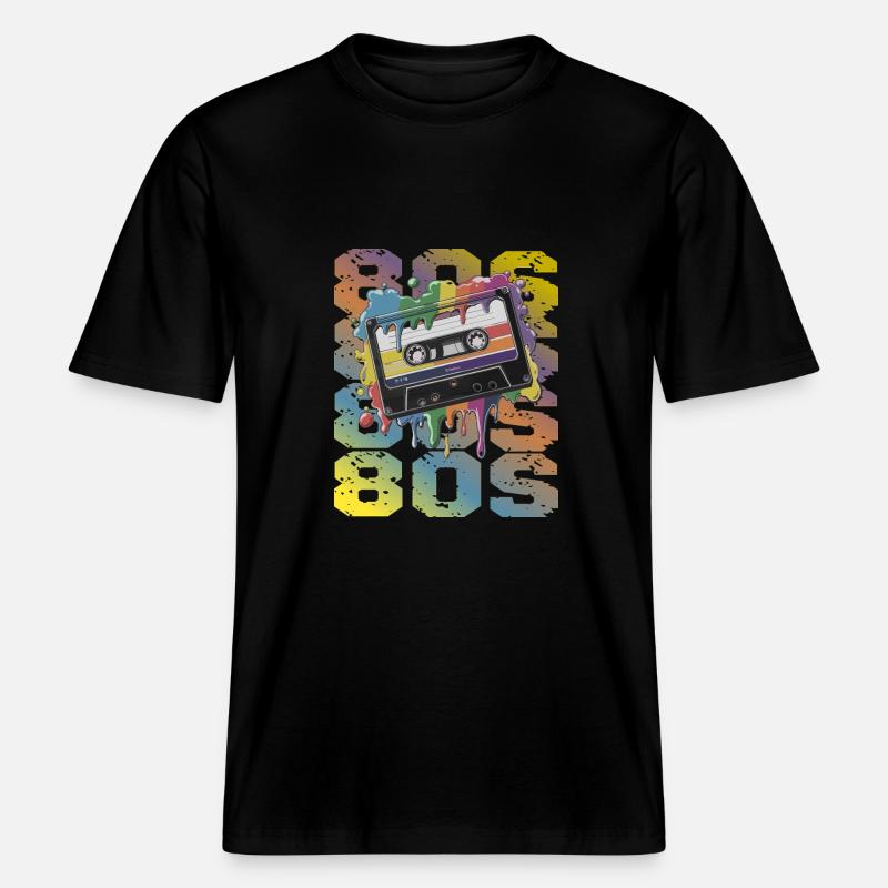 80s Retro Kassette Regenbogen Nostalgie -  RELAXED FIT Unisex Organic T-Shirt - Schwarz