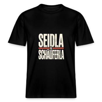 Seidla & Schäuferla – Lustiger Spruch Bamberg Fran -  RELAXED FIT Unisex Organic T-Shirt - Schwarz - Vorne - Alina (178cm) & Michal (187cm)
