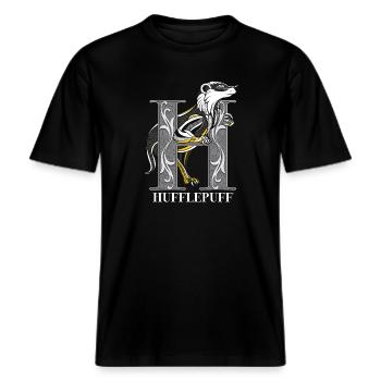 Harry Potter Hufflepuff Gold monochrom -  RELAXED FIT Unisex Organic T-Shirt - Schwarz - Vorne - Alina (178cm) & Michal (187cm)