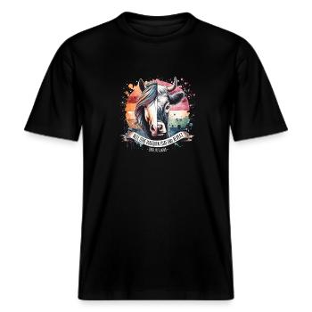 Tierliebe Motiv: Farbenfroher Pferd & Kuh Mix -  RELAXED FIT Unisex Organic T-Shirt - Schwarz - Vorne - Alina (178cm) & Michal (187cm)