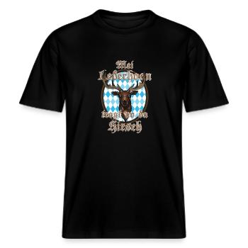 Bayerisches Volksfest Lederhose Hirsch -  RELAXED FIT Unisex Organic T-Shirt - Schwarz - Vorne - Alina (178cm) & Michal (187cm)