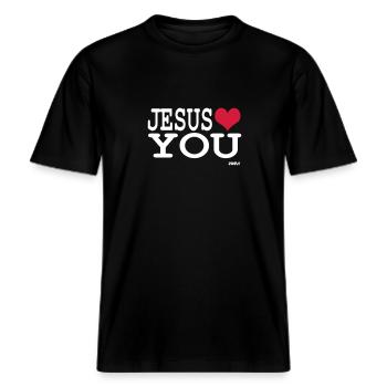 jesus loves you -  T-shirt unisexe RELAXED FIT en coton bio - noir - Devant - Alina (178cm) & Michal (187cm)