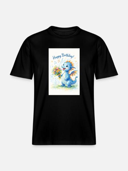 Blauer Drache mit Blumenstrauß -  RELAXED FIT Unisex Organic T-Shirt - Schwarz