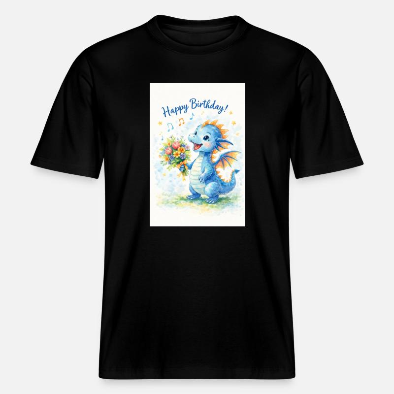 Blauer Drache mit Blumenstrauß -  RELAXED FIT Unisex Organic T-Shirt - Schwarz