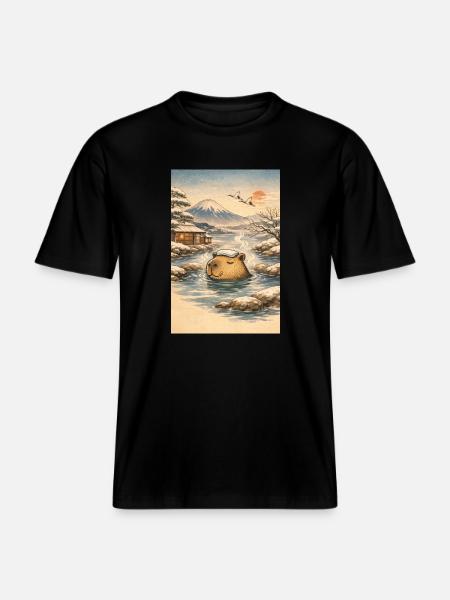 Onsen Capybara im Winterwald - RELAXED FIT Unisex Organic T-Shirt - Schwarz