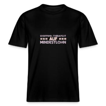 Shopping-Therapeut Auf Mindestlohn -  RELAXED FIT Unisex Organic T-Shirt - Schwarz - Vorne - Alina (178cm) & Michal (187cm)