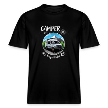 Camper-Kastenwagen Wohnmobil Spruch + Motiv -  RELAXED FIT Unisex Organic T-Shirt - Schwarz - Vorne - Alina (178cm) & Michal (187cm)