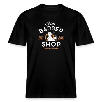 Peanuts Charlie Brown Chucks Barber Shop Friseur -  RELAXED FIT Unisex Organic T-Shirt - Schwarz - Vorne - Alina (178cm) & Michal (187cm)
