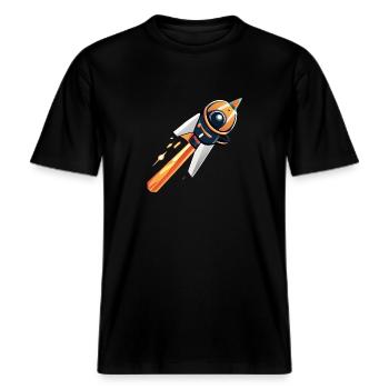 Rakete fliegt ins All -  RELAXED FIT Unisex Organic T-Shirt - Schwarz - Vorne - Alina (178cm) & Michal (187cm)