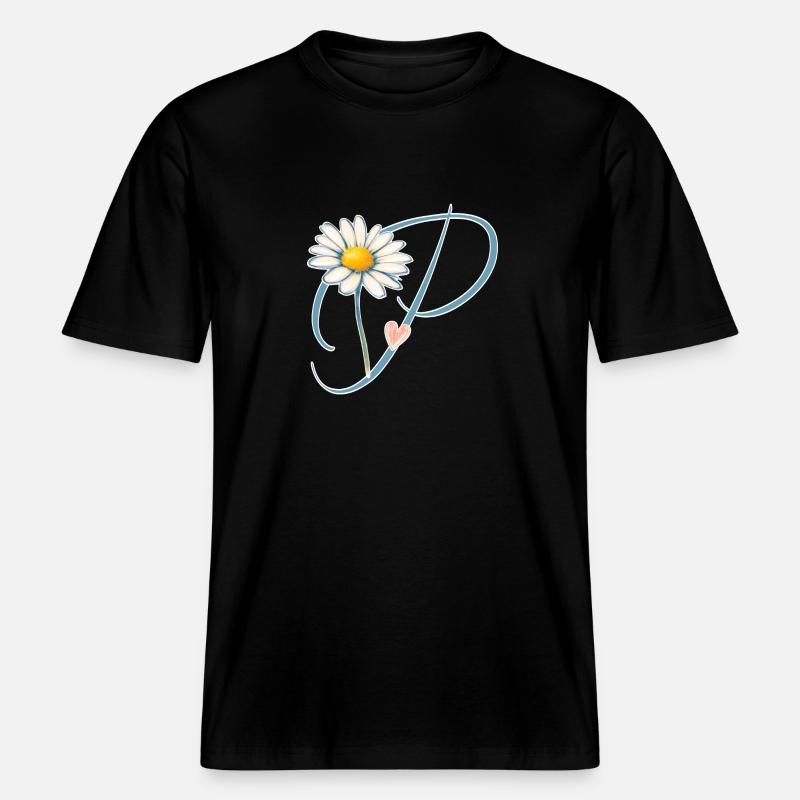Buchstabe P Gänseblümchen Herz -  RELAXED FIT Unisex Organic T-Shirt - Schwarz