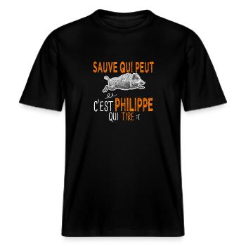 Philippe c est Philippe qui tire Humour Chasseur -  T-shirt unisexe RELAXED FIT en coton bio - noir - Devant - Alina (178cm) & Michal (187cm)