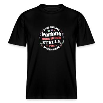 STELLA PARFAITE - PRENOM STELLA -  T-shirt unisexe RELAXED FIT en coton bio - noir - Devant - Alina (178cm) & Michal (187cm)