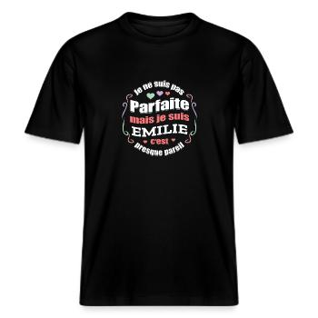 EMILIE PARFAITE - PRENOM EMILIE -  T-shirt unisexe RELAXED FIT en coton bio - noir - Devant - Alina (178cm) & Michal (187cm)