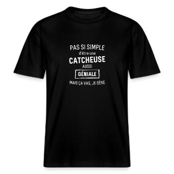 CATCHEUSE GÉNIALE -  T-shirt unisexe RELAXED FIT en coton bio - noir - Devant - Alina (178cm) & Michal (187cm)