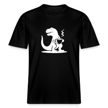 T-Rex mit Kaffeetasse böser Koffein Dinosaurier -  RELAXED FIT Unisex Organic T-Shirt - Schwarz - Vorne - Alina (178cm) & Michal (187cm)