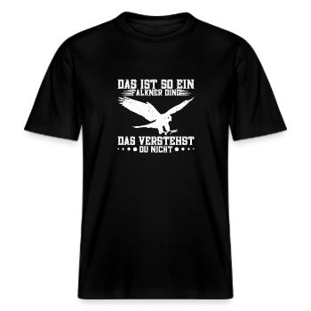 Greifvogel Falknerkostüm Falknerei Falkenliebhaber -  RELAXED FIT Unisex Organic T-Shirt - Schwarz - Vorne - Alina (178cm) & Michal (187cm)