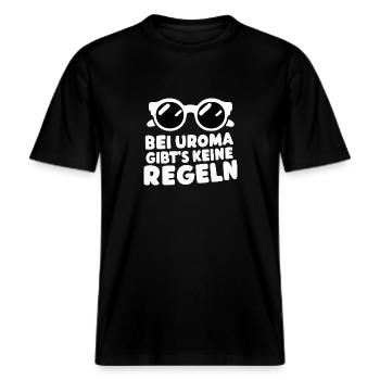Uroma-Regelfrei Urenkelin Baby Ankündigung Lustig -  RELAXED FIT Unisex Organic T-Shirt - Schwarz - Vorne - Alina (178cm) & Michal (187cm)