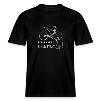 Radlos? Niemals! - Fahrrad Spruch -  RELAXED FIT Unisex Organic T-Shirt - Schwarz - Vorne - Alina (178cm) & Michal (187cm)