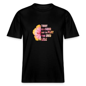 Today is a good day to play the Ukulele Hibiskus -  RELAXED FIT Unisex Organic T-Shirt - Schwarz - Vorne - Alina (178cm) & Michal (187cm)