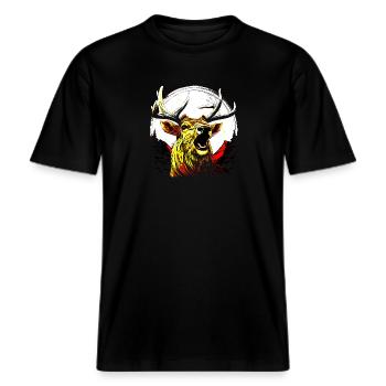 Hirsch Impression Noir-Rouge-Or d’Allemagne -  T-shirt unisexe RELAXED FIT en coton bio - noir - Devant - Alina (178cm) & Michal (187cm)