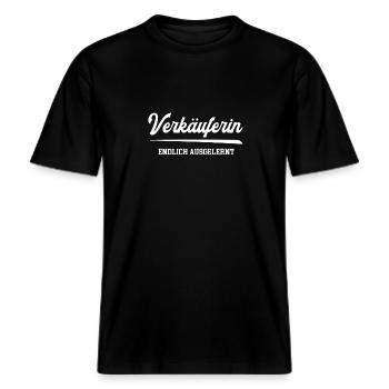 Verkäuferin Endlich Ausgelernt Azubi Verkauf EH -  RELAXED FIT Unisex Organic T-Shirt - Schwarz - Vorne - Alina (178cm) & Michal (187cm)