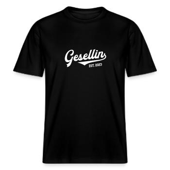 Gesellin est. 2023 Ausbildung Handwerk Prüfung erl -  RELAXED FIT Unisex Organic T-Shirt - Schwarz - Vorne - Alina (178cm) & Michal (187cm)