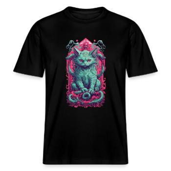 Creepy Demons Cat Halloween Underworld Design -  RELAXED FIT Unisex Organic T-Shirt - black - Front - Alina (178cm) & Michal (187cm)