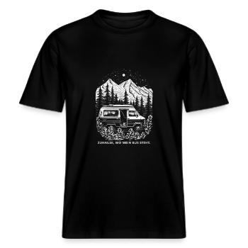 Zuhause Wo Mein Bus Steht -  RELAXED FIT Unisex Organic T-Shirt - Schwarz - Vorne - Alina (178cm) & Michal (187cm)