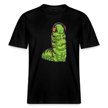 Raupe Kopfhörer Musik -  RELAXED FIT Unisex Organic T-Shirt - Schwarz - Vorne - Alina (178cm) & Michal (187cm)
