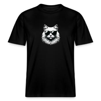 Casual cat in summer -  RELAXED FIT Unisex Organic T-Shirt - black - Front - Alina (178cm) & Michal (187cm)