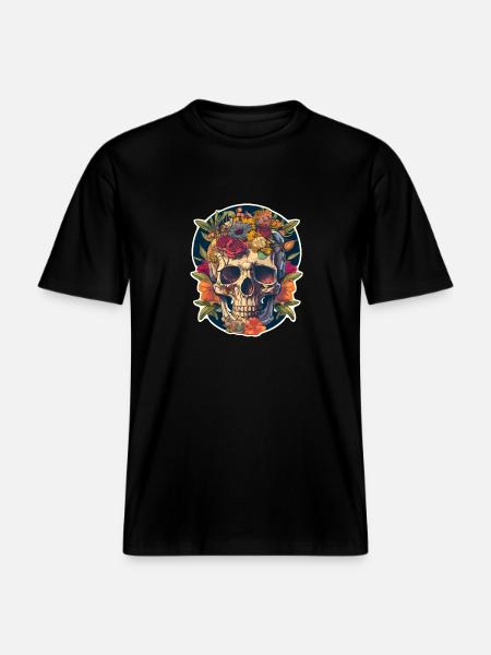 Human Skull & Flowers 22 -  RELAXED FIT Unisex Organic T-Shirt - black