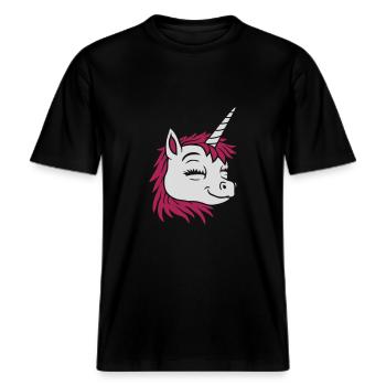 Visage comique licorne heureuse -  T-shirt unisexe RELAXED FIT en coton bio - noir - Devant - Alina (178cm) & Michal (187cm)