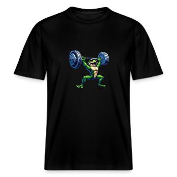 Frosch Gewichtheber Hantel Fitness Workout -  RELAXED FIT Unisex Organic T-Shirt - Schwarz - Vorne - Alina (178cm) & Michal (187cm)