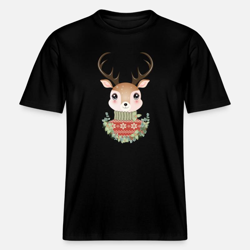 niedlicher Hirsch mit Pullover und Weihnachtskranz -  RELAXED FIT Unisex Organic T-Shirt - Schwarz