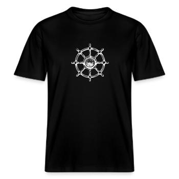 Kapitän Ahoi! Steuerrrad, Ruder, Yacht, Segelboot -  RELAXED FIT Unisex Organic T-Shirt - Schwarz - Vorne - Alina (178cm) & Michal (187cm)