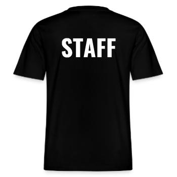 STAFF - T-shirt Noir Texte dans le Dos -  T-shirt unisexe RELAXED FIT en coton bio - noir - Dos - Alina (178cm)