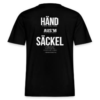 Händ aus´m Säckel / Hände aus der Tasche -  RELAXED FIT Unisex Organic T-Shirt - Schwarz - Hinten - Alina (178cm)